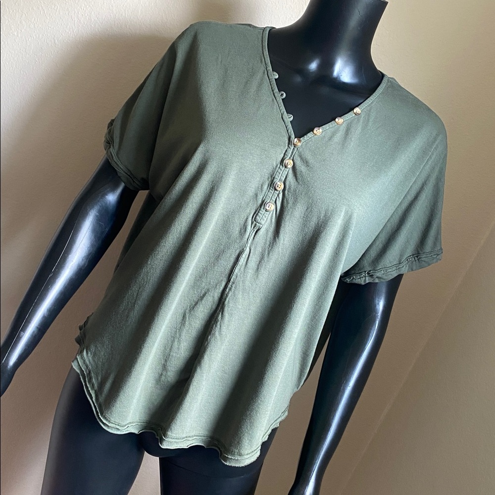 Sonoma Olive Green Short Sleeve Soft Button Henley Lounge Comfortable Top